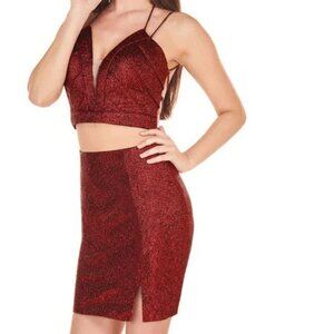 Rachel Allan Royal Deep Red Jacquard Tie Up Back 2 Piece Dress